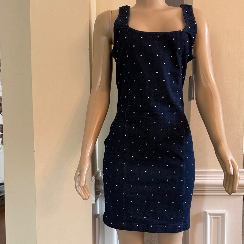 Elegant Navy Blue Denim Mini Dress with rhinestones Dots
